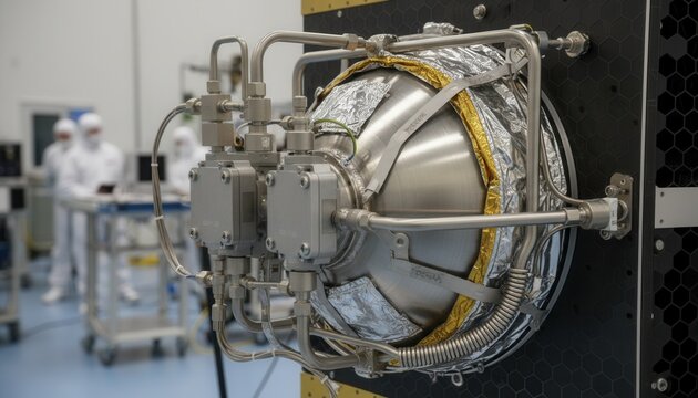 Close up of satellite propulsion subsystem component showing welded stainless steel propellant tank and feed lines
