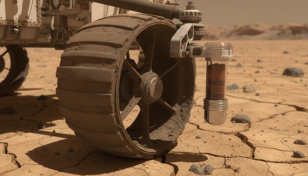 Planetary rover wheel mechanism covered in fine Martian dust resting on cracked red brown soil with core sample