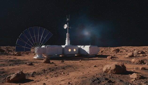 Exterior medium shot of white modular habitat unit on rocky planetary landscape with solar panel array and mast