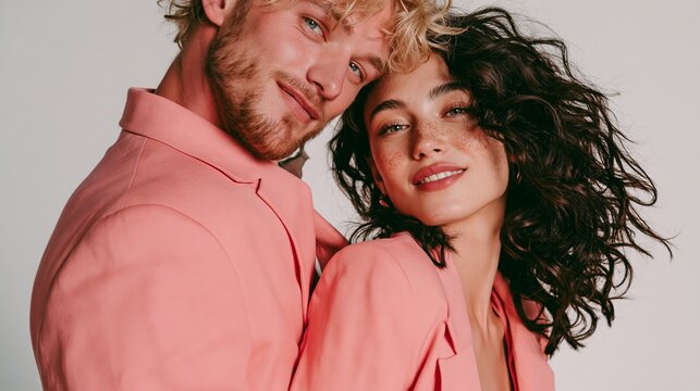 Couple in pink shirts posing closely for a professional studio portrait with soft lighting and neutral background.