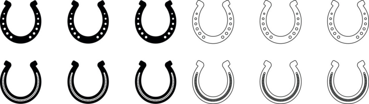 Minimalist collection of horseshoe vector icons in black and white outline styles representing good luck and fortune.