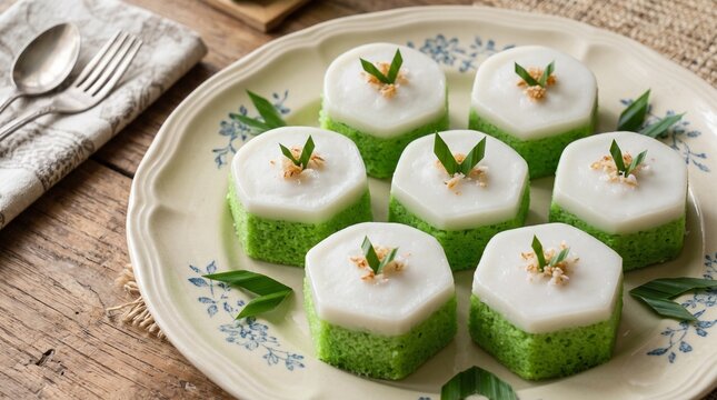 Traditional Indonesian sweet green pandan and white coconut milk cake called kue putri ayu in hexagonal shape, served on a vintage ceramic plate with cutlery on a rustic wooden table.