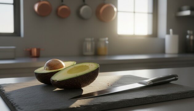 Professional kitchen prep station featuring freshly sliced avocado on dark slate board with chef knife under soft natural window light