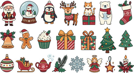 Fototapeta premium Set of cute watercolor christmas elements including santa claus reindeer penguin snowman gifts trees and festive holiday decorative ornaments