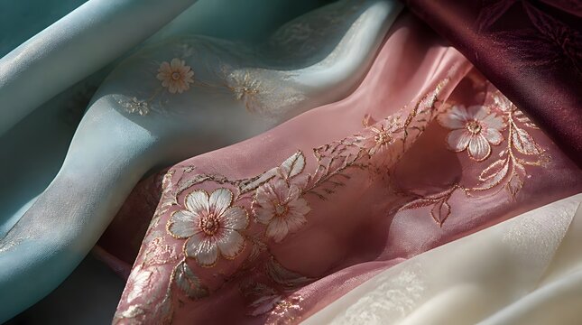 Korean Hanbok Fabric with Floral Embroidery Close Up