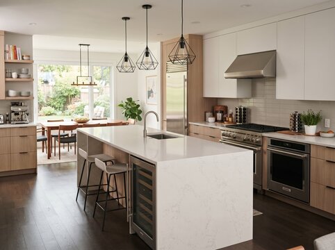 Modern Kitchen Interior with Contemporary Cabinets, Granite Countertop, Sink, Oven and Stove in a Stylish Luxury Home Design