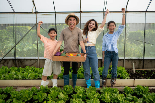 Joyful family celebrating a successful vegetable harvest together inside a greenhouse,