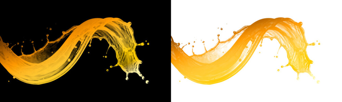 Orange juice splash wave with droplets, isolated on black and transparent backgrounds