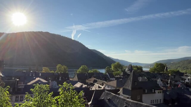 Bacharach, Germany, August 12, 2026 elective focus panoramic view of mountains river and Bacharach
