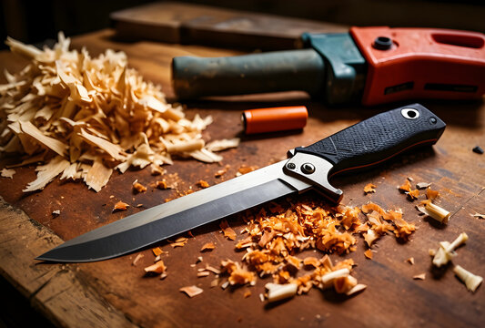Craftsmanship and woodworking hobby, folding knife on a rustic workbench with wood shavings and power tools for DIY home improvement and carpentry