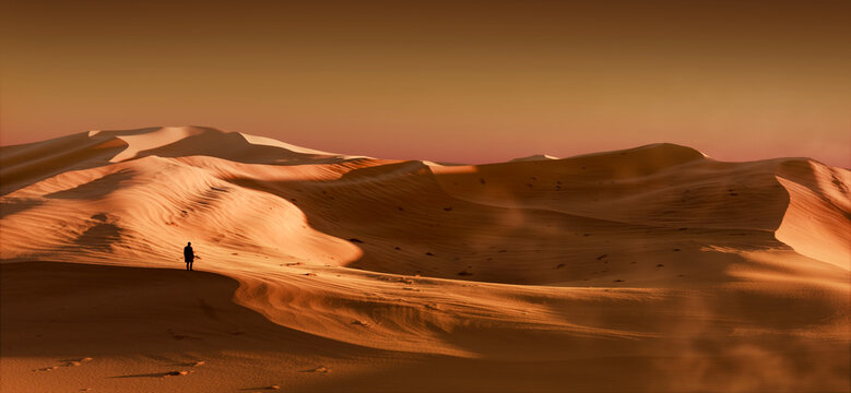 Man lost in desert dunes, 3D animation