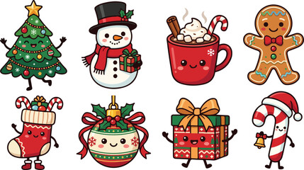 Fototapeta premium Set of cute hand drawn christmas characters including a snowman tree gingerbread man stocking gift ornament and candy cane