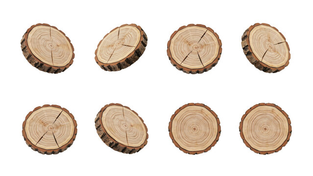 Collection of eight natural wood slices with visible tree rings and bark edges isolated on a transparent background