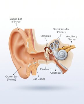 Ear diagram labels hearing structures from pinna to cochlea. Concept of audiology education, hearing health, balance, diagnosis, treatment, and anatomy reference.