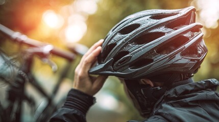 Obraz premium Rear view of cyclist putting on black wet helmet in forest at sunset. Concept professional mountain bike apparel store catalog, outdoor rainy weather workout or cycling safety guide