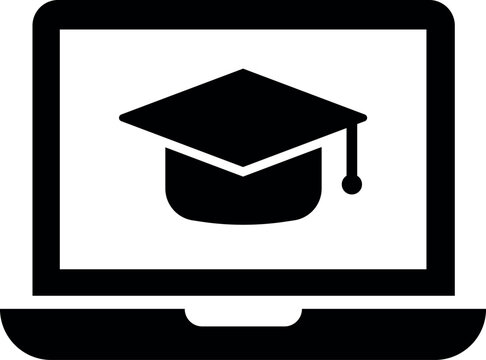 Laptop with graduation cap icon for online learning, virtual classes, digital courses, remote study and e-learning platform design