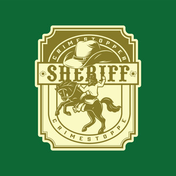 Vintage "Sheriff" retro western badge emblem vector illustration with horseman