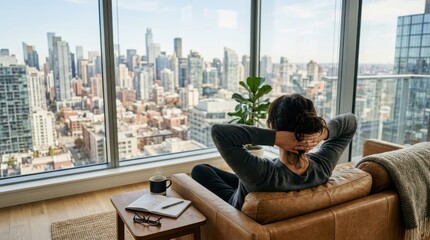 Fototapeta na wymiar Woman relaxing in armchair facing city skyline window view