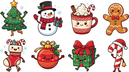 Fototapeta premium Set of cute kawaii style christmas characters including a snowman gingerbread man tree gift and festive holiday drink illustrations