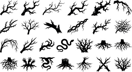Fototapeta premium Creepy dead branch and tree root silhouette icon set for Halloween designsCreepy dead branch and tree root silhouette icon set for Halloween designs
