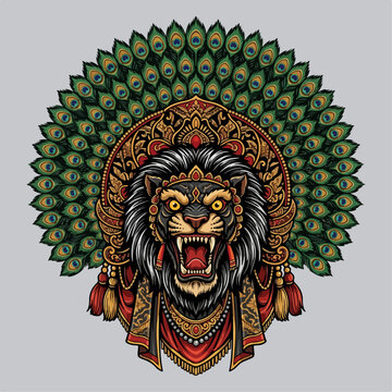 Powerful Reog Singa Lion Mask Performer Traditional Vector Illustration