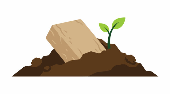 A mycelium box halfway buried in soil with a small green sprout growing from it. Symbolizing 100% compostability. Flat 2D art with solid brown and green blocks. Sharp cutouts. trace optimized,