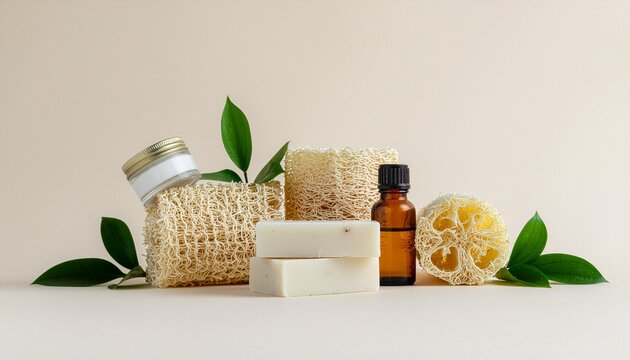Productos de cuidado personal naturales: jab&oacute;n artesanal, aceites esenciales, crema hidratante, esponja vegetal y hojas verdes