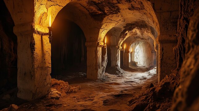 Interior of a sunlit ancient stone cave tunnel with glowing archways and rugged walls