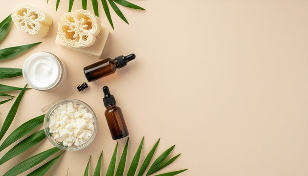Productos de cuidado personal naturales: jab&oacute;n artesanal, aceites esenciales, crema hidratante, esponja vegetal y hojas verdes