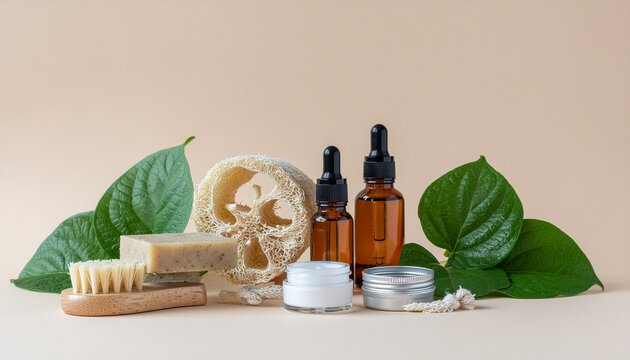 Productos de cuidado personal naturales: jab&oacute;n artesanal, aceites esenciales, crema hidratante, esponja vegetal y hojas verdes