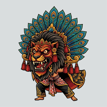 Powerful Reog Singa Lion Mask Performer Traditional Vector Illustration
