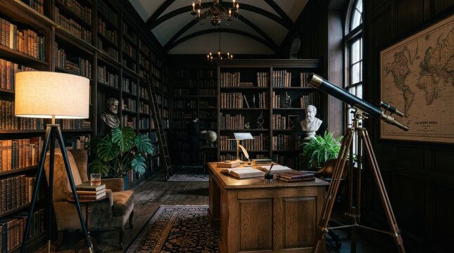 Vintage library interior with telescope desk lamp and wooden bookshelves in a dark cozy study room for reading and research