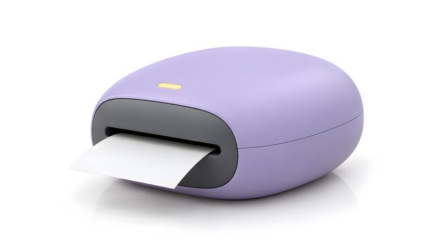 Small portable thermal printer in light purple color on white background