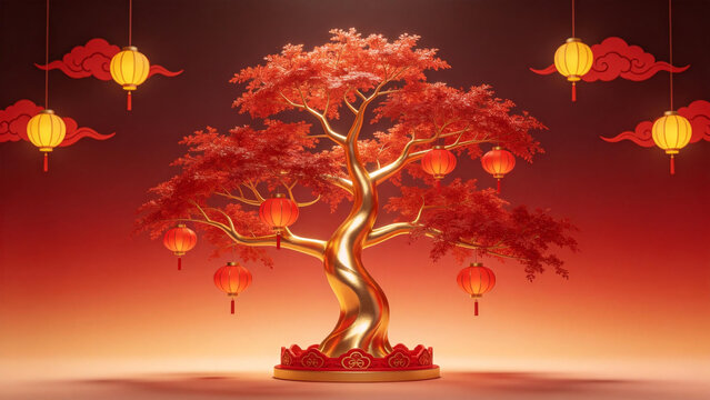 Golden tree with red lanterns
