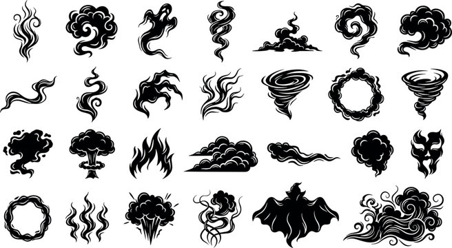 Black smoke trail and magic cloud silhouette vector set for Halloween designsBlack smoke trail and magic cloud silhouette vector set for Halloween designs