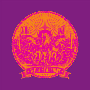 Neon psychedelic retro vector emblem of wild stallions running in the desert
