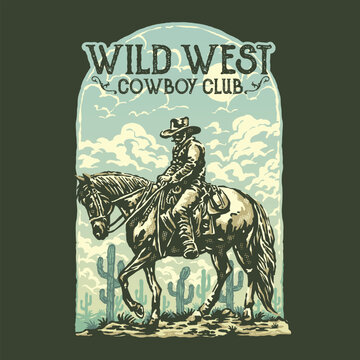 Vintage "Wild West Cowboy Club" retro arch badge vector illustration with horse rider