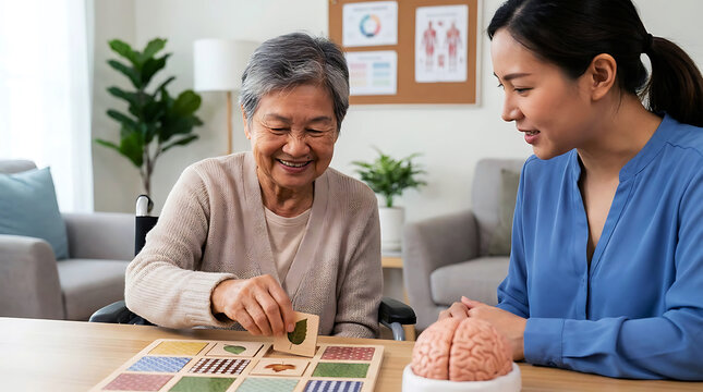 Senior woman doing cognitive memory game with therapist