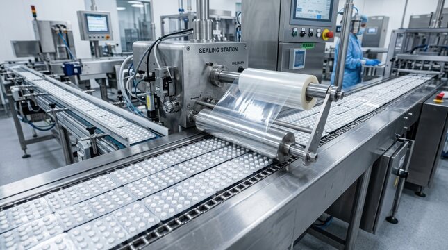 Industrial automatic packaging machine line for pharmaceutical products in a clean factory environment