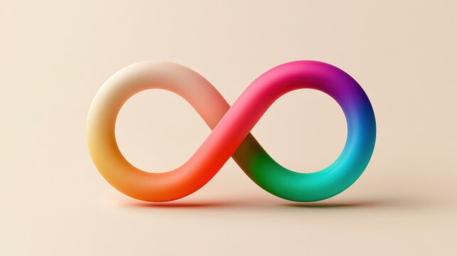 A 3d render displays a soft clay infinity loop split into a spectrum gradient on a cream backdrop with ample space for added text.