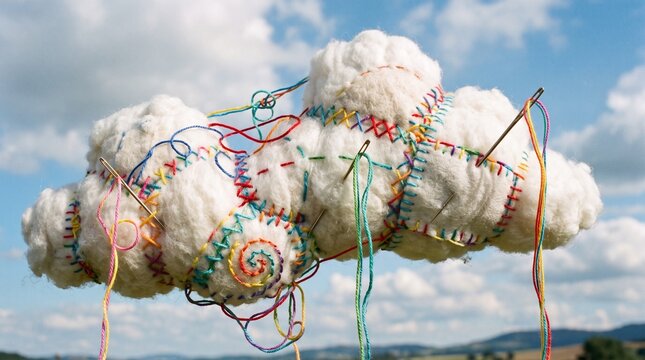 Soft white wool clouds stitched with vibrant multicolored thread needles displayed against a beautiful bright blue summer sky landscape background