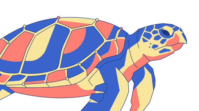 Sea turtle with colorful geometric patterned shell is depicted in profile against a plain white background.