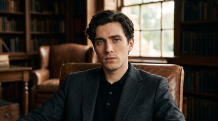 Fototapeta premium Thoughtful Young Man with Curly Hair in Elegant Study Room at Dusk