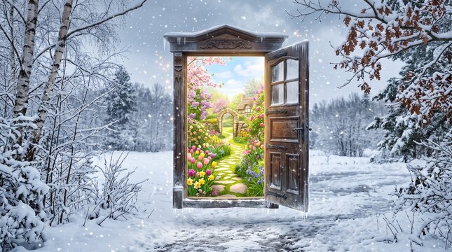 Enchanting wooden door standing in a snowy winter forest reveals a vibrant blooming spring garden filled with colorful flowers sunlight
