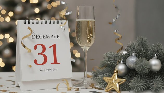 Calendar displaying December 31 with New Year's Eve text beside a glass of champagne, festive decorations, and a Christmas tree in the background