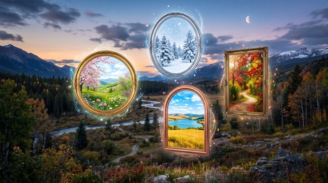 Four ornate magical frames floating in the air showcase vibrant seasonal landscapes with glowing portals above a beautiful mountain valley view