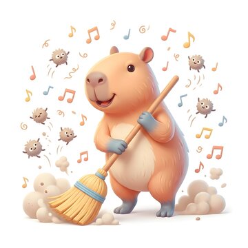 8k resolution, ultra-detailed, joyful capybara sweeping dust with a broom, cute dust bunnies flying away, musical notes floating around showing happiness, warm cheerful pastel colors, smooth 3D render