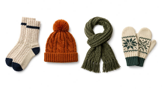 Winter knitted accessories set with socks beanie hat scarf and mittens isolated on white background.