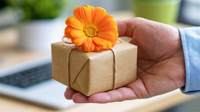 Hand holding small brown gift box with orange flower on top near blurred laptop workspace background