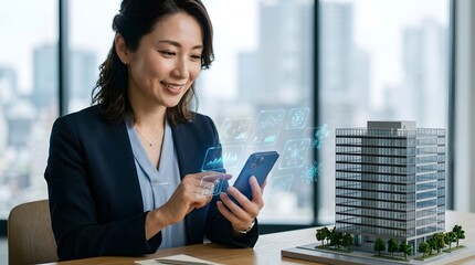 Obraz premium A professionally dressed woman uses her phone to view floating digital graphics while seated beside a scale model of a contemporary office tower